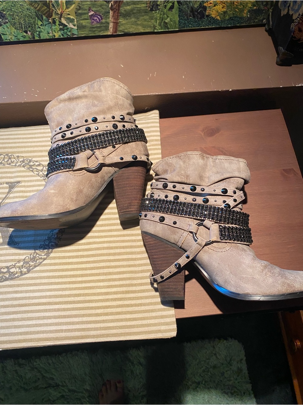 Daisy Fuentes Taupe Embellished Ankle Booties with Stud and Chain Straps